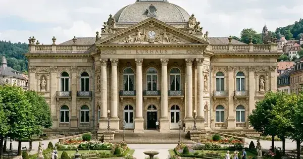 Neoclassical spa-town Kurhaus building with columned portico