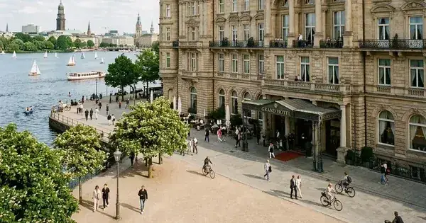 Classical waterfront facade beside the Alster in Hamburg