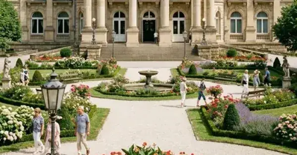 Formal landscaped gardens in front of a historic spa building